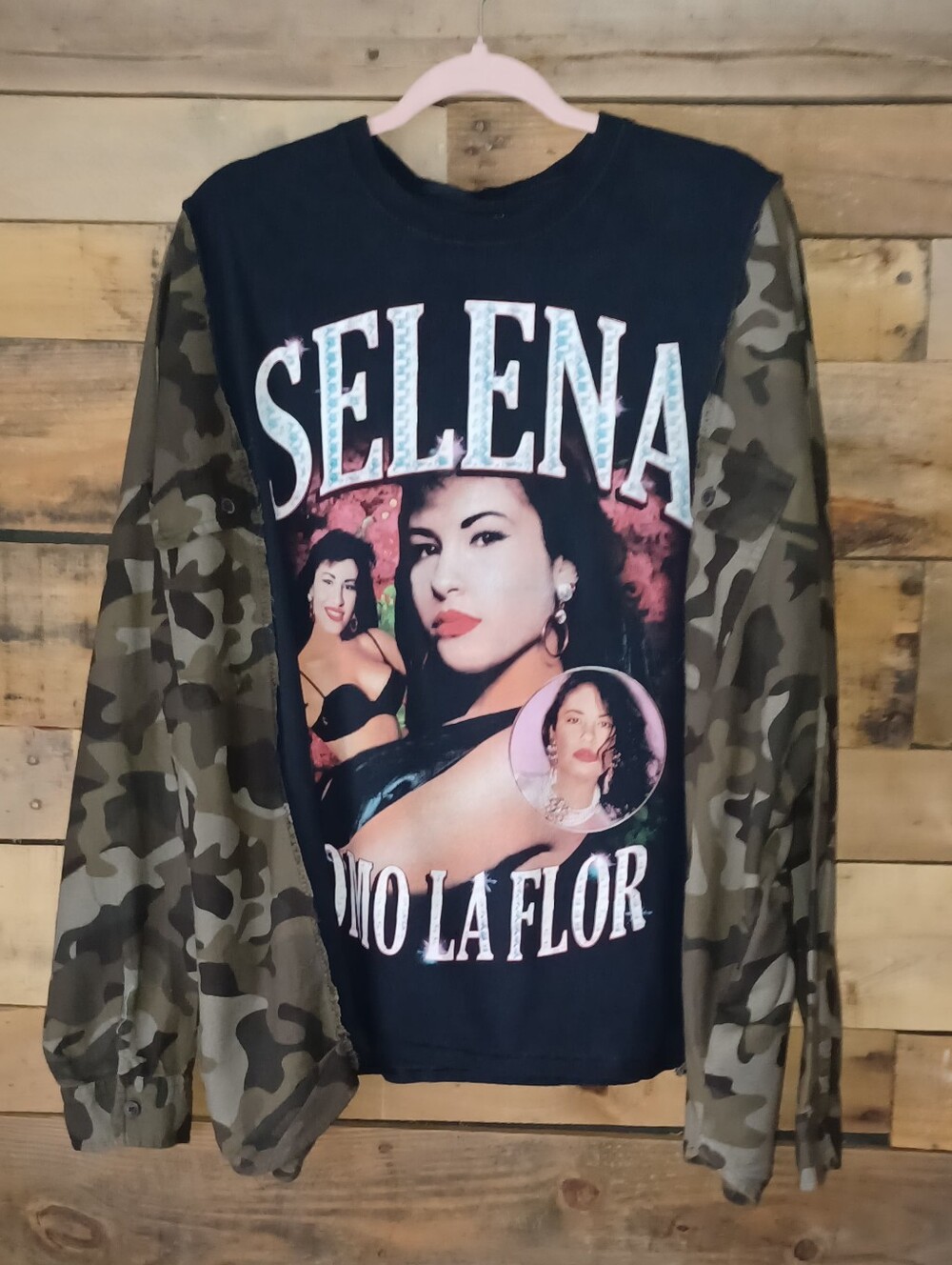 Upcycled Graphic  Tee with Camo Sleeves